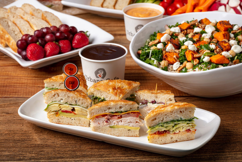 catering platter of urbane cafe sandwiches and salad